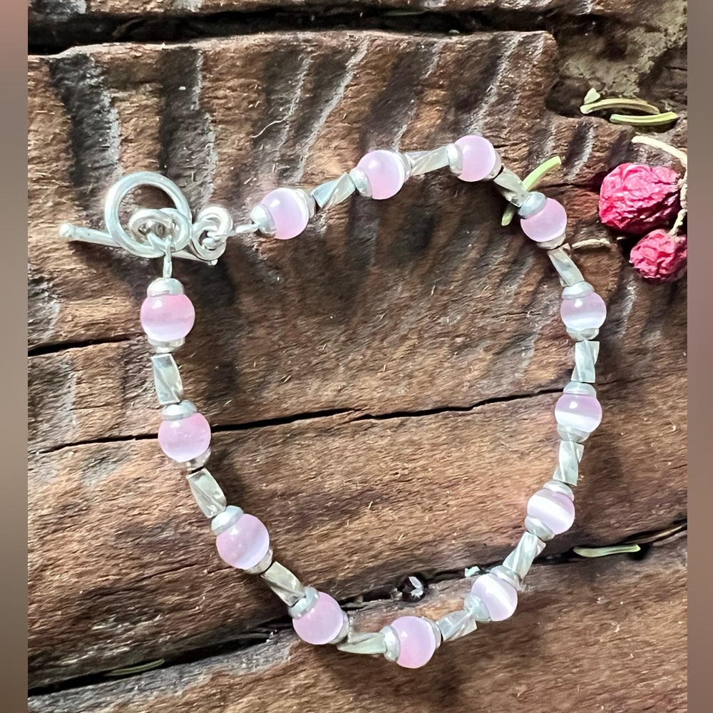 Artisan 925 Pink Cat’s Eye Bracelet Sterling Components Pastel Spring 8.5”